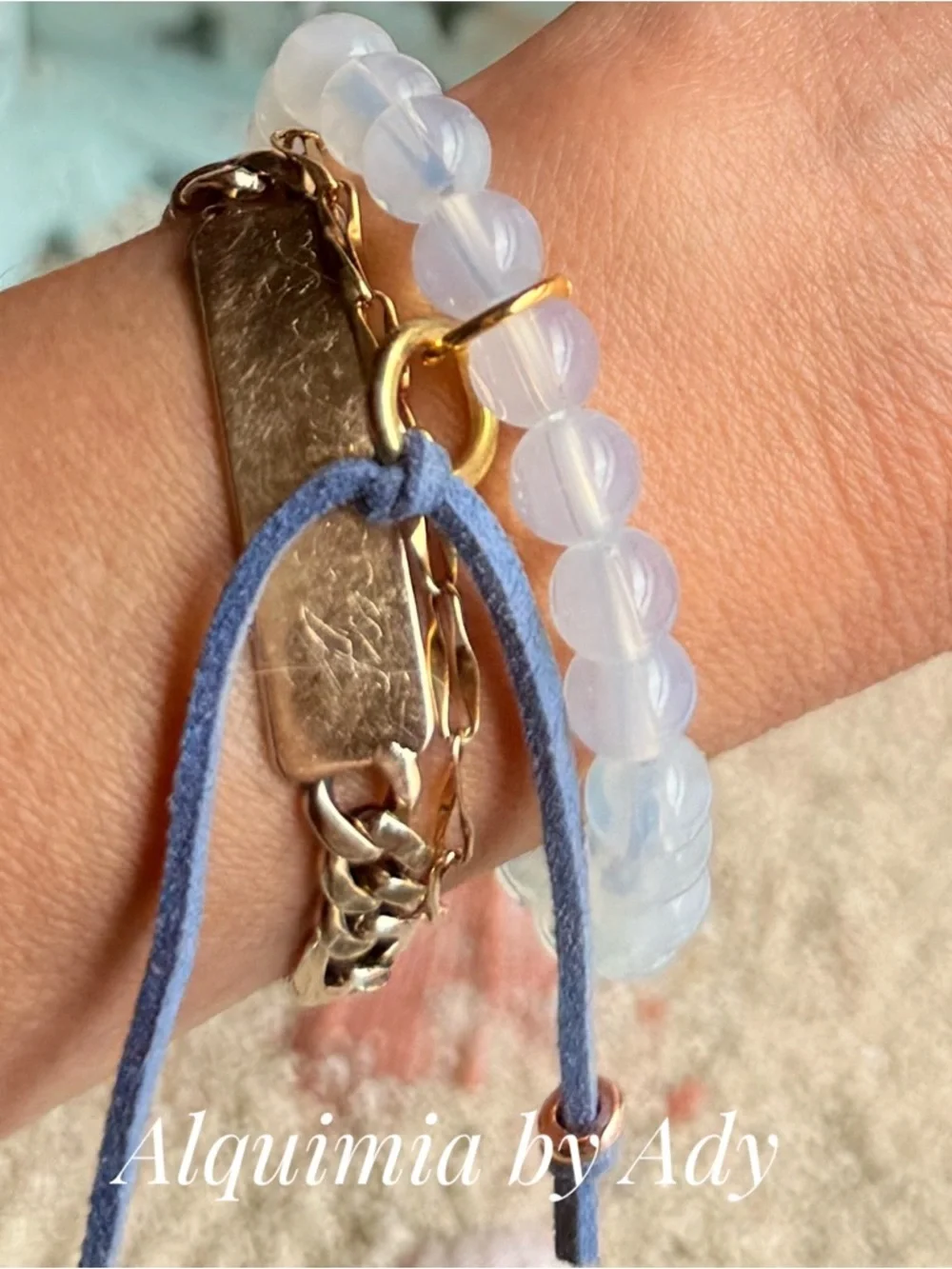 MOONSTONE Translucent White Bead Bracelet with Shell Charm and Blue Suede Tie